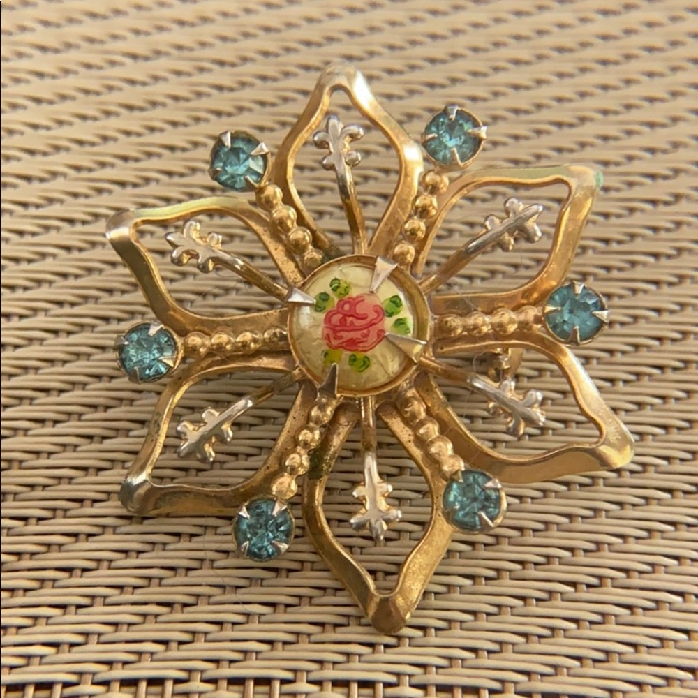 1940’s Brooch with Guilloche Rose and Rhinestones